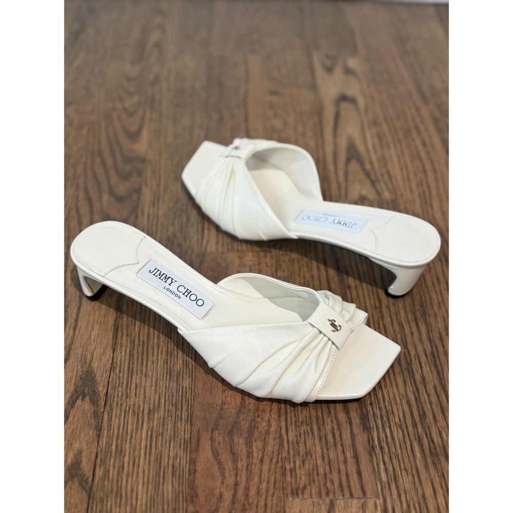 Jimmy Choo Annika 50 Latte White Leather Square Toe JC Monogram Mules Size‎ 37
